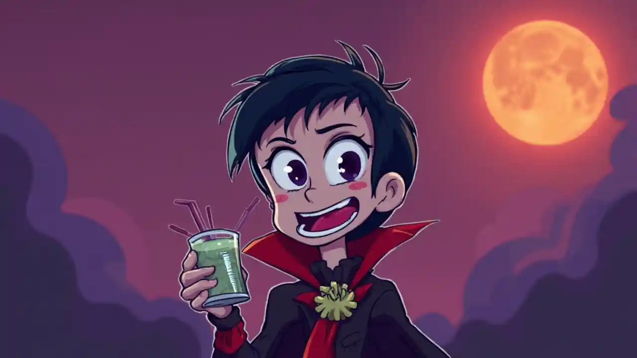 Vampyr tegneseriefigur med glass mot en spøkelig himmel, image size:1280x720