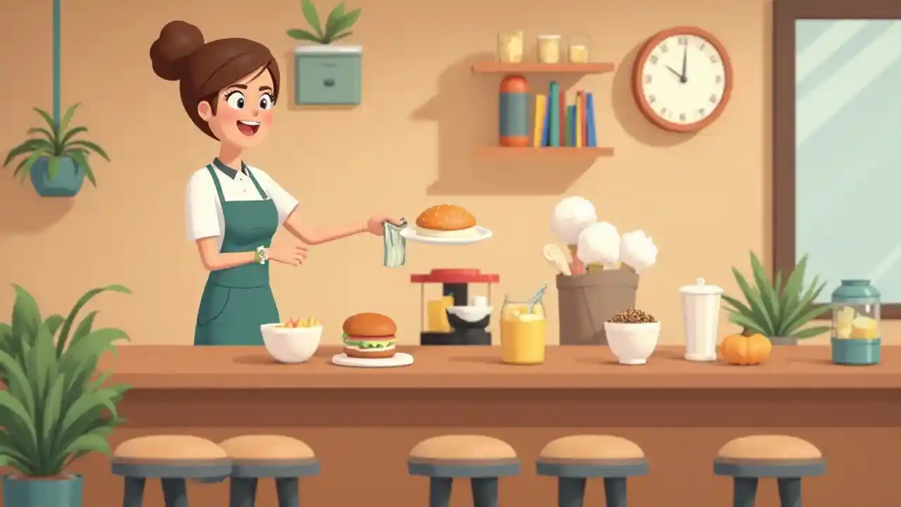 3D Animation Depicting a Waitress Serving Food
